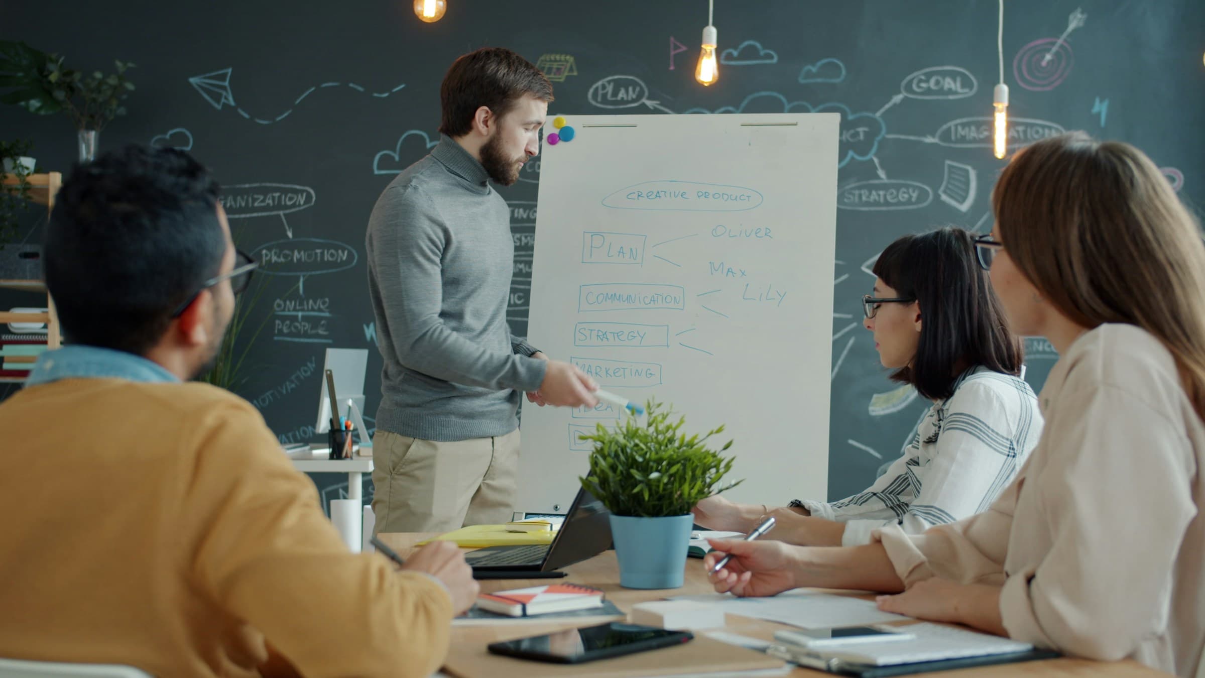 A team working through a strategy plan around a whiteboard